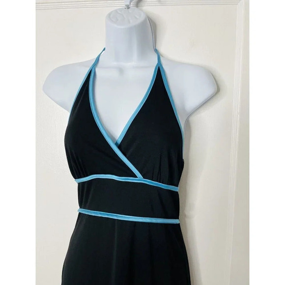 Vtg Byer Too! Halter Dress Sz M Y2K Drop Waist Handkerchief Hem Black Blue Trim - Picture 2 of 7